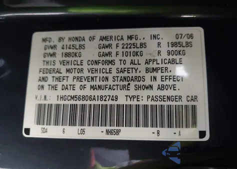 2006 Honda Accord 2.4 Ex z USA, uszkodzony, nr VIN 1HGCM56806A182749